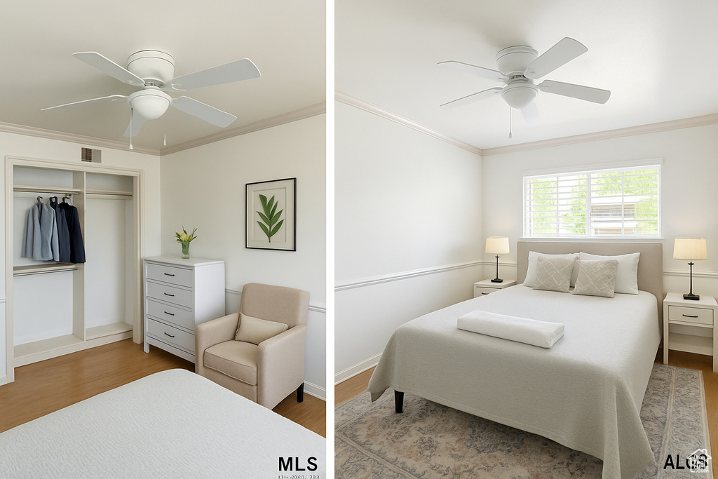 Bedroom with ornamental molding, wood finished floors, a closet, and ceiling fan