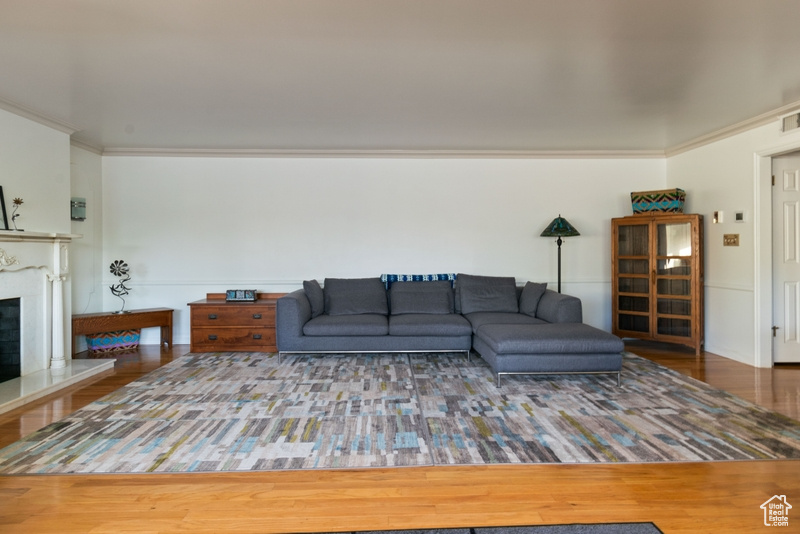 Living room featuring crown molding, a glass covered fireplace, and wood finished floors