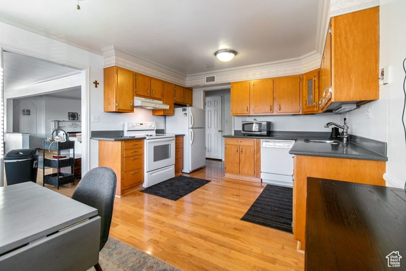 Kitchen featuring white appliances, under cabinet range hood, brown cabinetry, dark countertops, and light wood-style flooring
