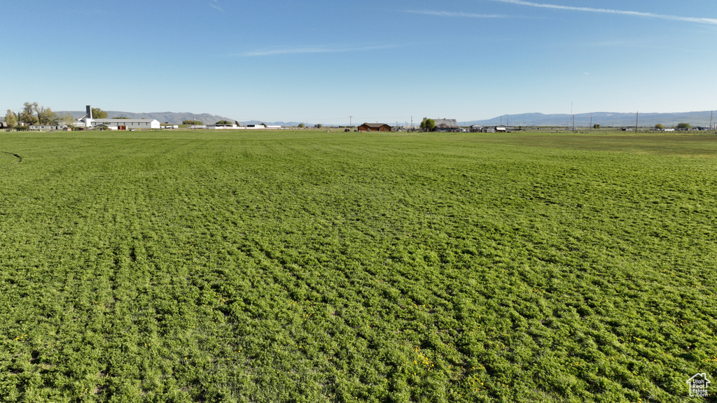 View of green lawn with a rural view and a mountain view