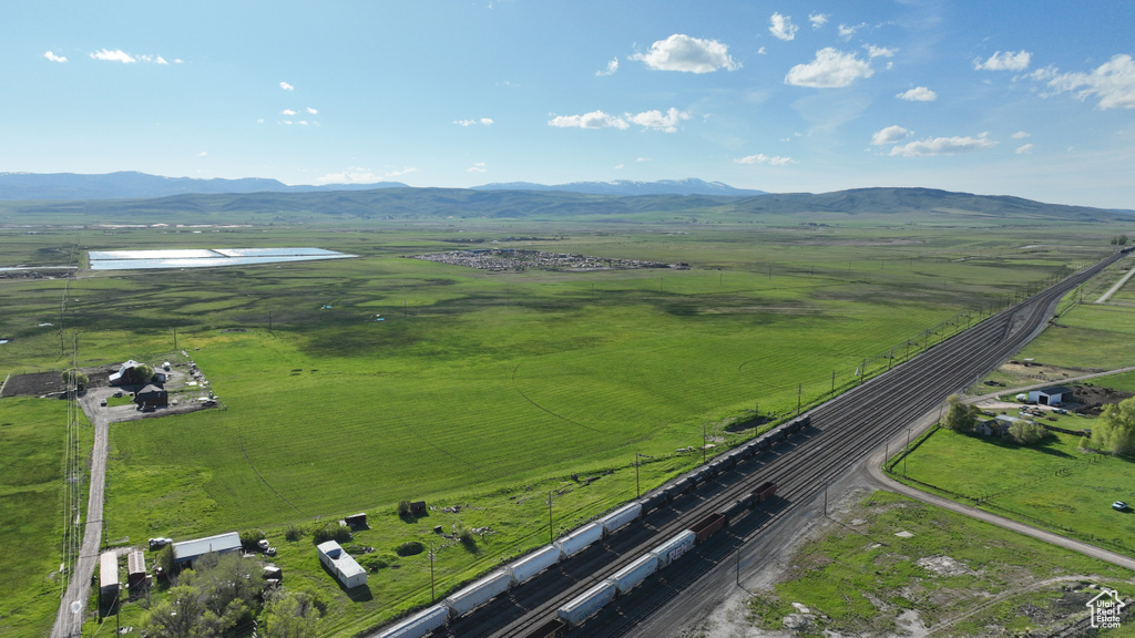 Overview of rural landscape featuring mountains and a pastoral area