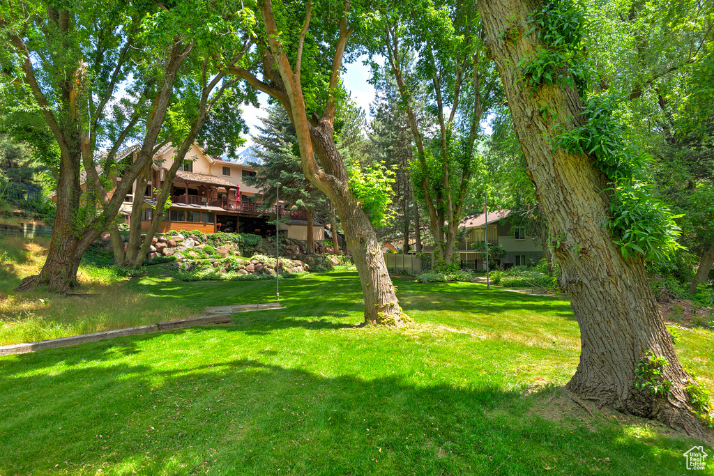 View of green lawn with a deck