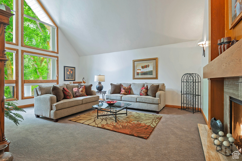 Carpeted living room featuring high vaulted ceiling, a fireplace, and baseboards