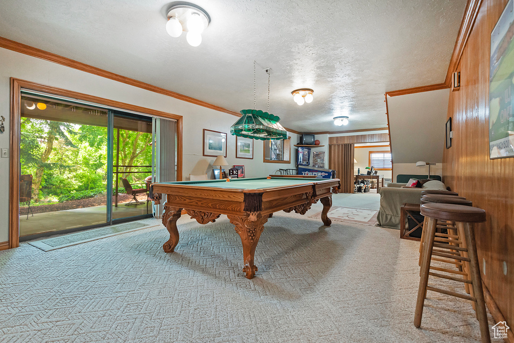 Rec room featuring crown molding, carpet, a textured ceiling, and pool table