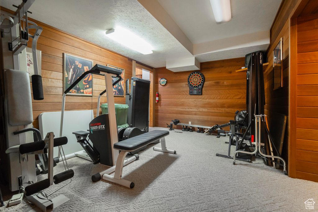 Workout area with carpet and wooden walls