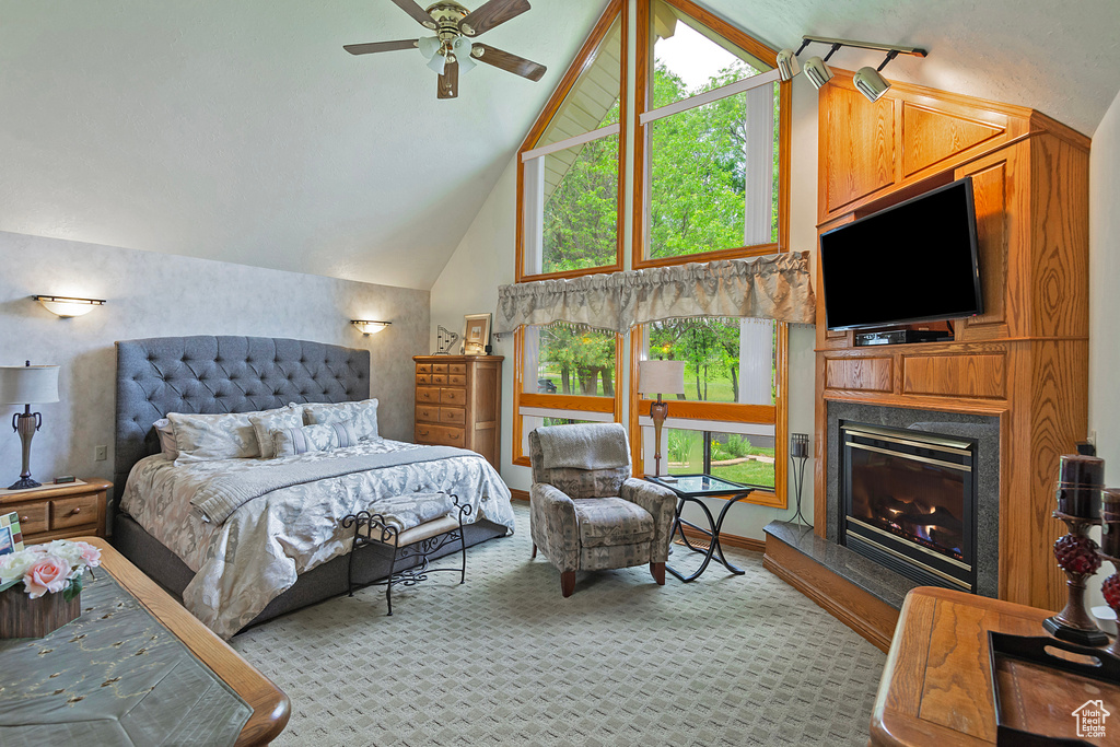Bedroom featuring high vaulted ceiling, a glass covered fireplace, and light colored carpet