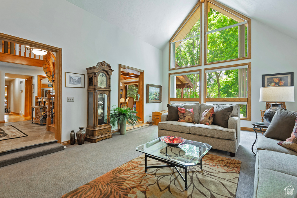 Living area with high vaulted ceiling, carpet, and baseboards
