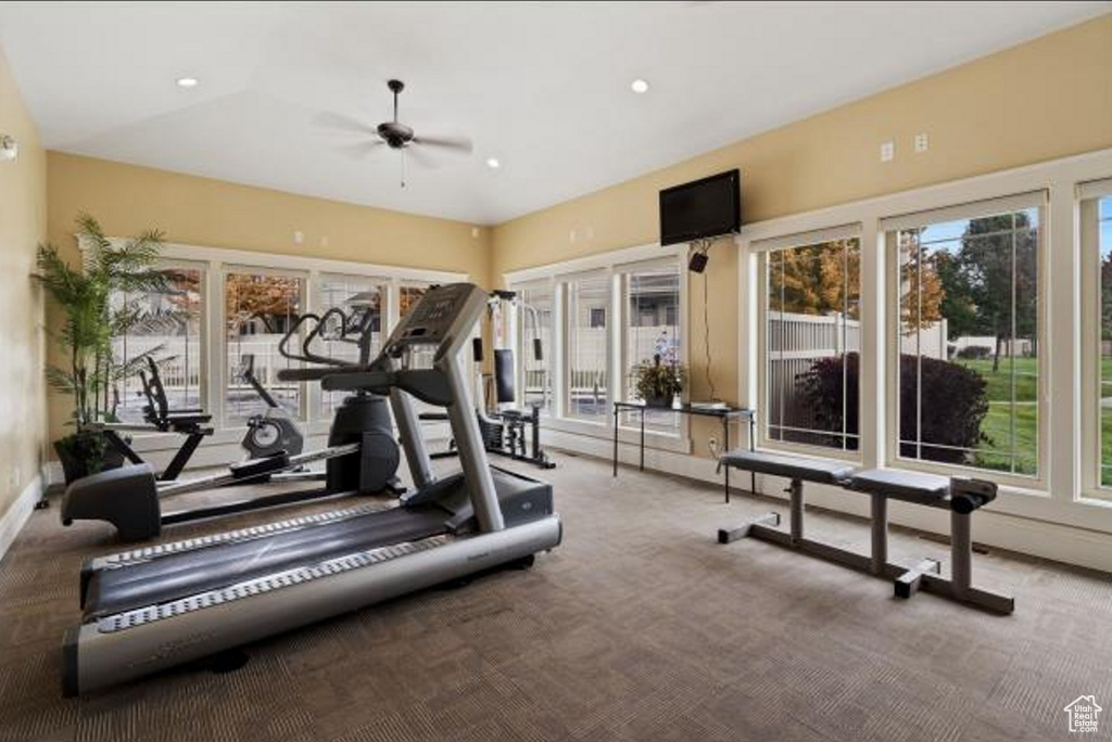 Exercise room featuring a ceiling fan, carpet, and recessed lighting