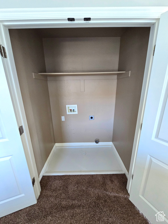Laundry room featuring electric dryer hookup, washer hookup, carpet, and baseboards