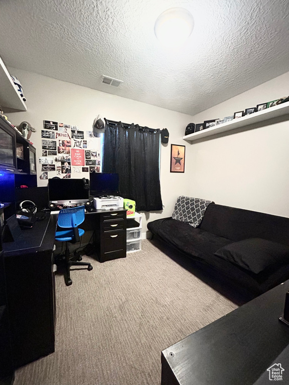 Office area featuring carpet flooring and a textured ceiling