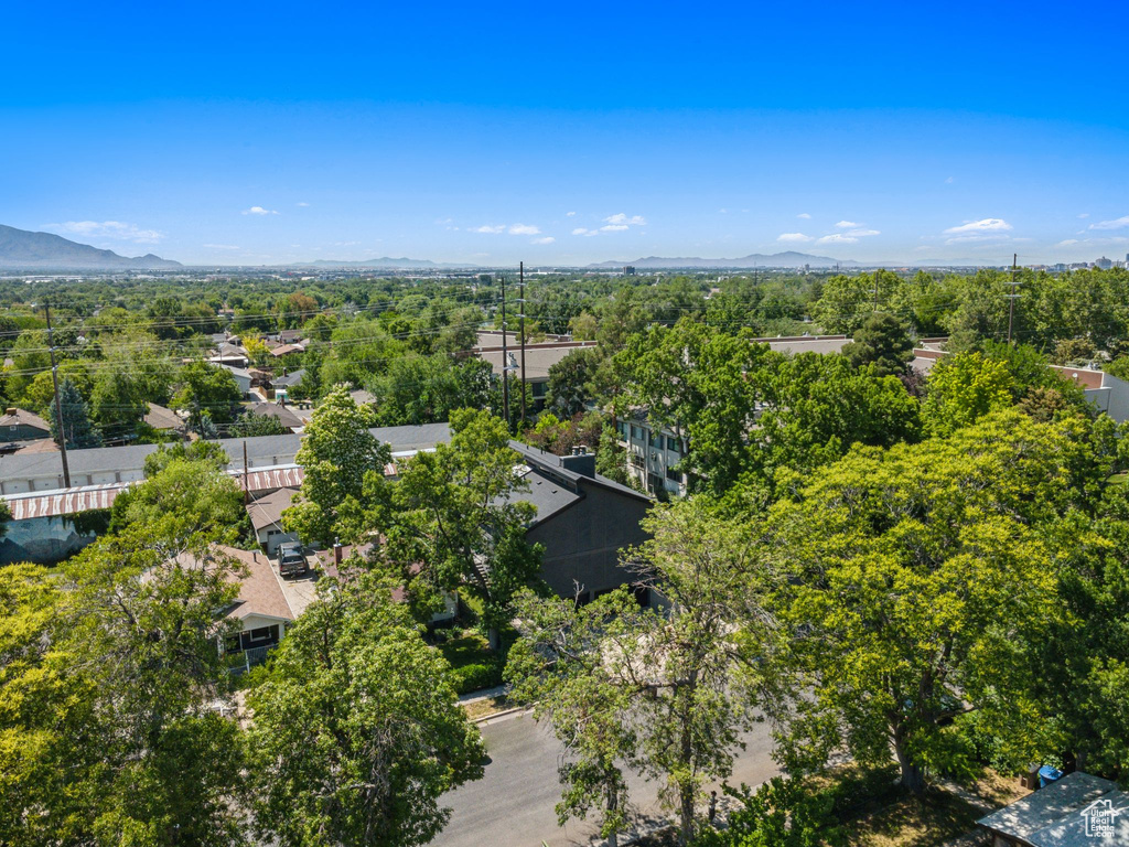 Aerial view of residential area with mountains