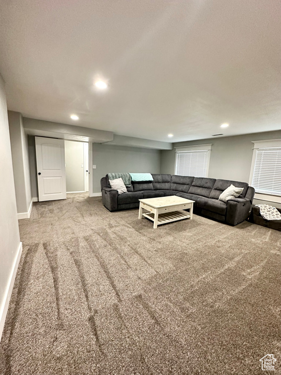 Living area featuring carpet, baseboards, recessed lighting, and a textured ceiling