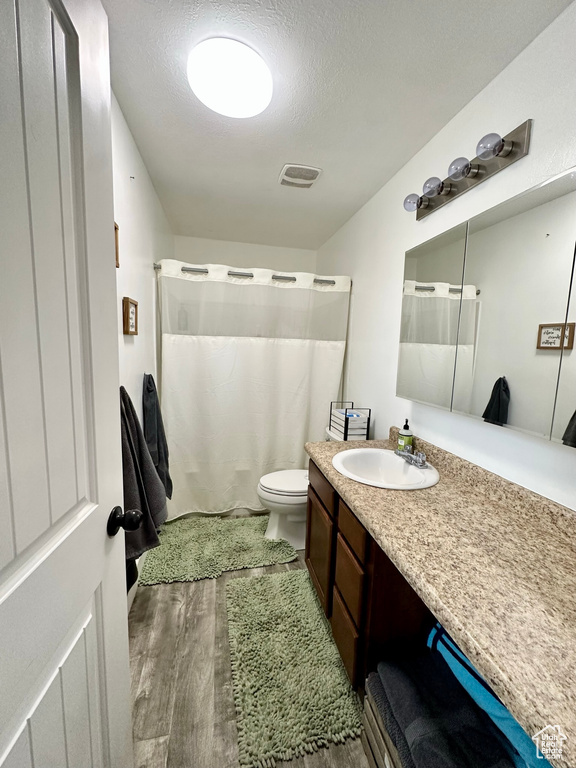 Bathroom with wood finished floors, vanity, toilet, a shower with curtain, and a textured ceiling
