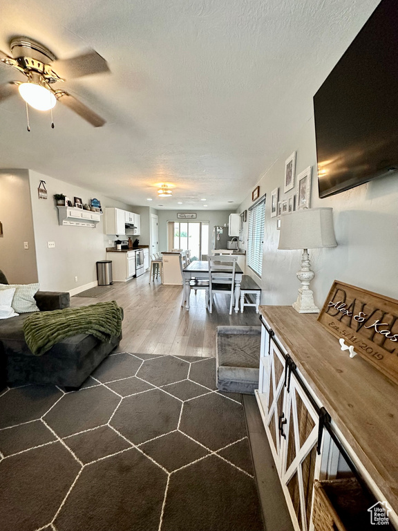 Living room featuring a ceiling fan, dark wood-type flooring, and a textured ceiling