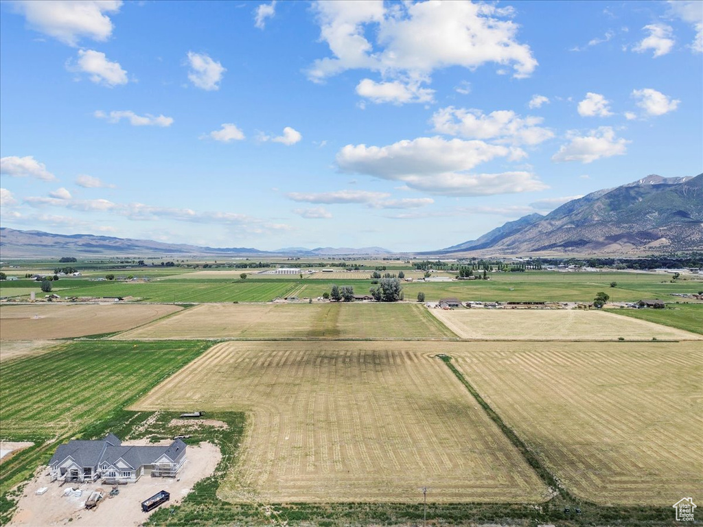 Overview of rural landscape featuring a mountainous background and extensive farmland