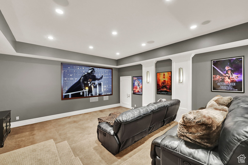 Cinema featuring carpet, recessed lighting, and baseboards