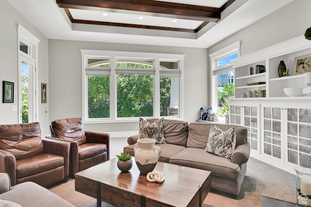 Carpeted living area featuring beam ceiling