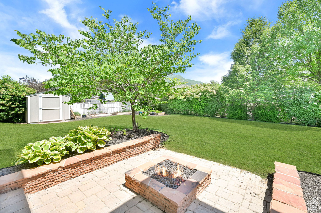 View of yard with a patio and a fire pit