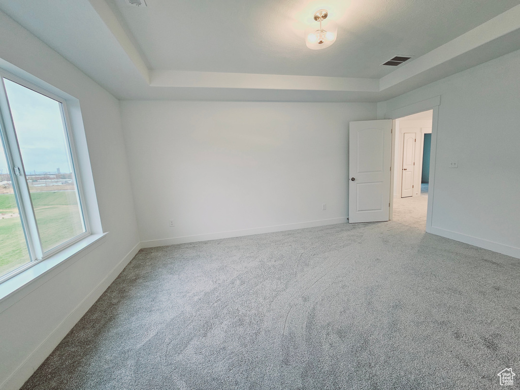 Spare room with a raised ceiling, light colored carpet, and baseboards