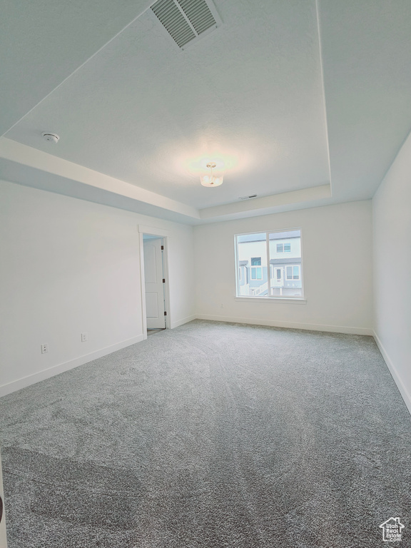 Spare room featuring a tray ceiling, carpet, and baseboards