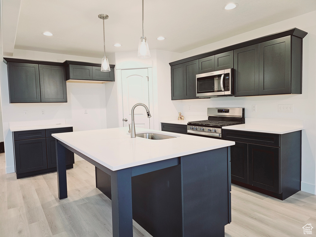 Kitchen with stainless steel appliances, a sink, light wood finished floors, a center island with sink, and pendant lighting