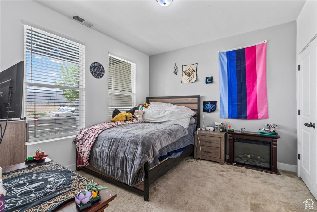 Carpeted bedroom featuring multiple windows