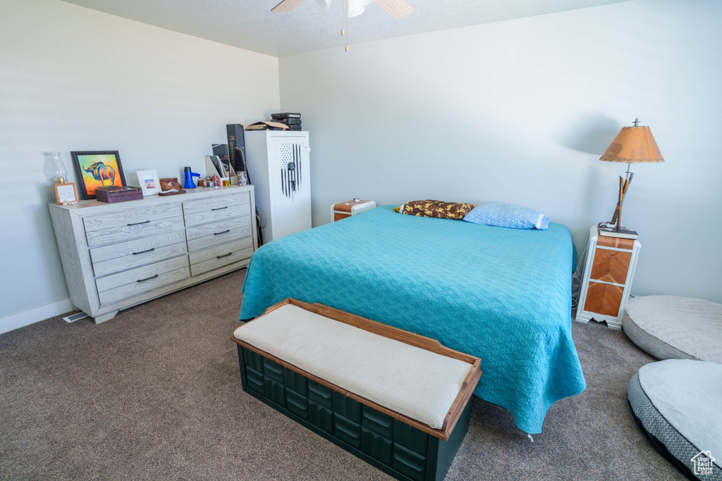 Carpeted bedroom with ceiling fan