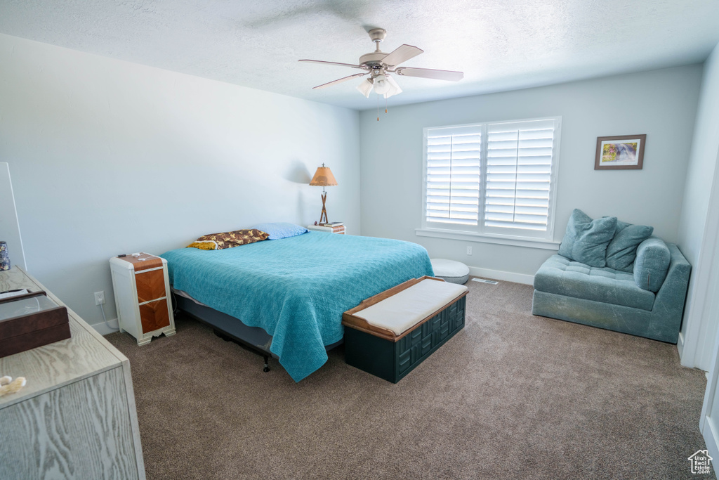 Bedroom featuring carpet floors, a ceiling fan, baseboards, and a textured ceiling