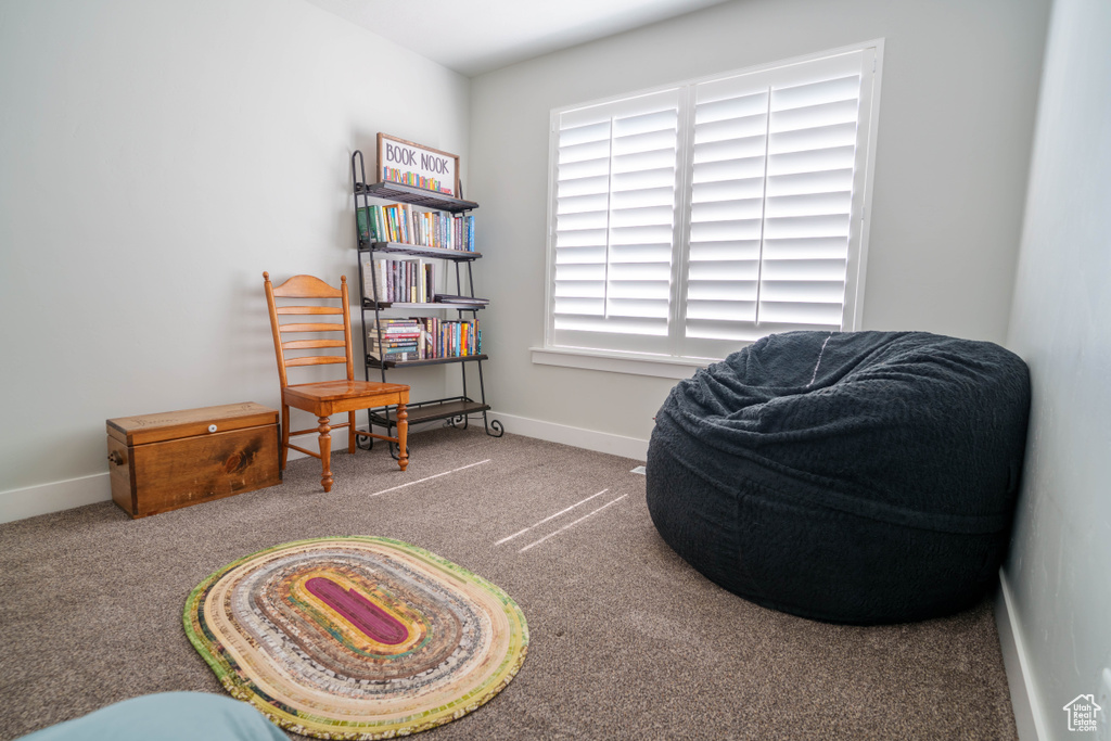 Living area with carpet floors and baseboards