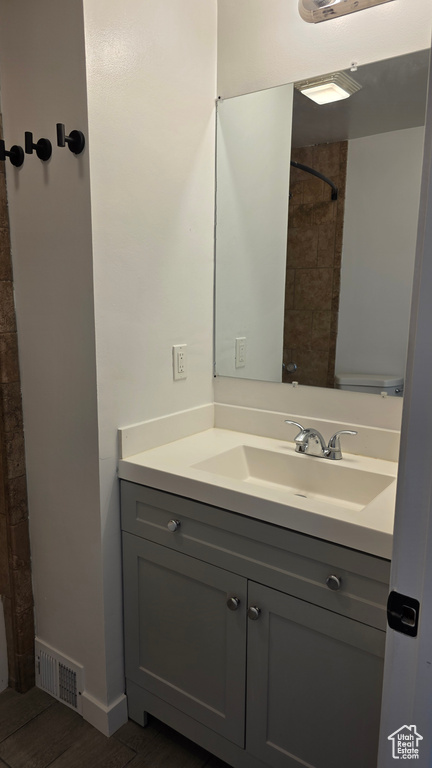 Bathroom with vanity, wood finished floors, and a shower