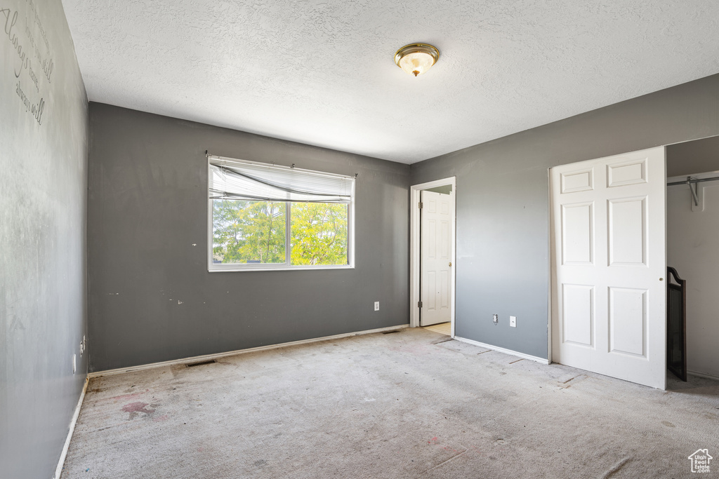 Unfurnished bedroom featuring a textured ceiling, carpet floors, baseboards, and a closet