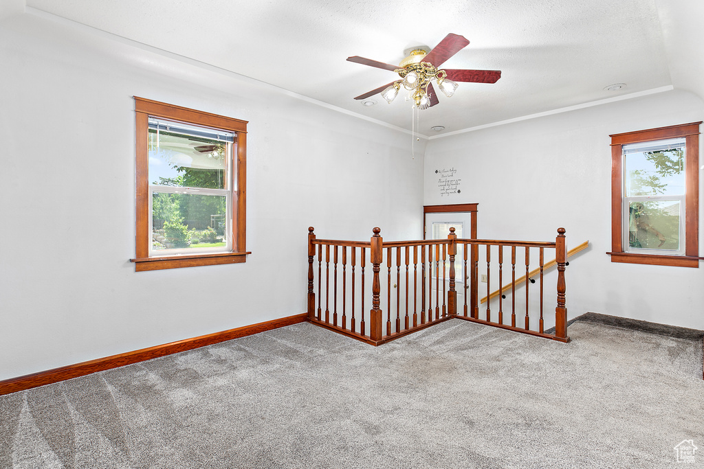 Carpeted empty room with baseboards and ceiling fan