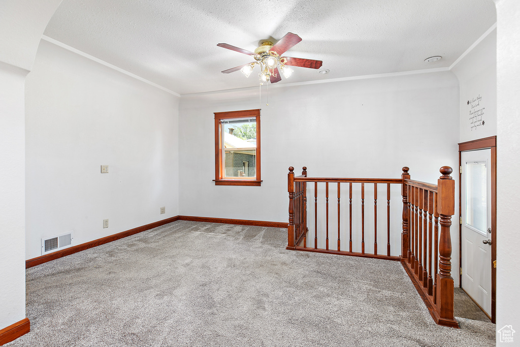 Carpeted empty room with crown molding, a ceiling fan, baseboards, and a textured ceiling