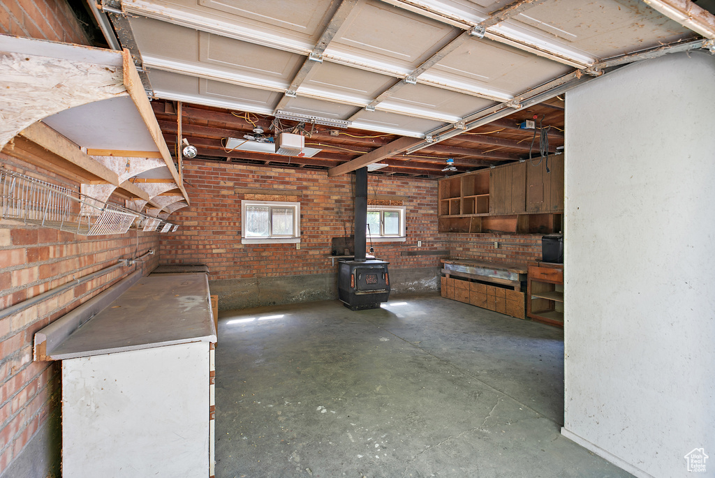 Garage featuring a wood stove