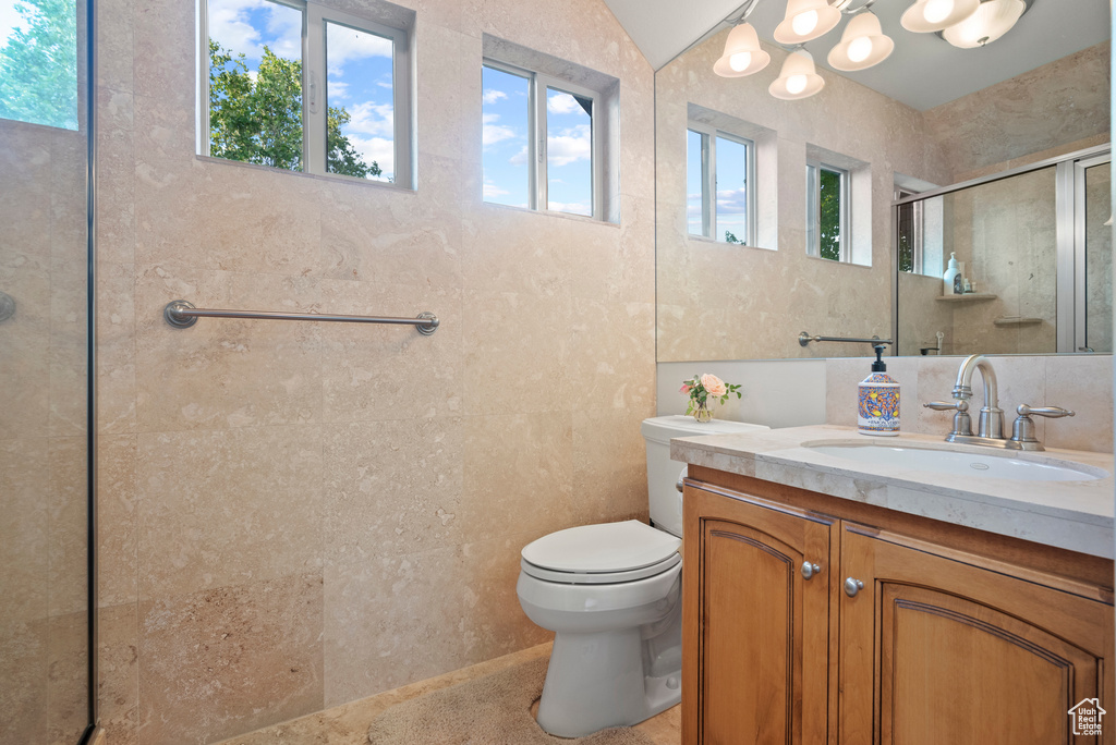 Bathroom featuring a shower with door, vanity, toilet, and plenty of natural light