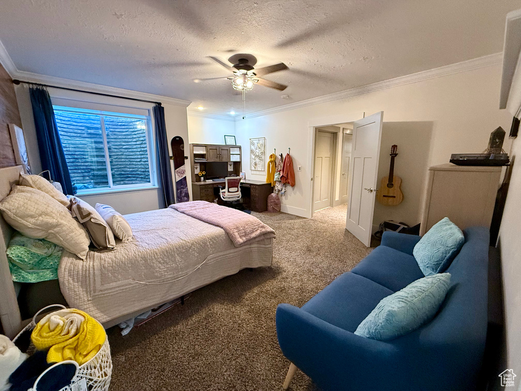 Carpeted bedroom with ornamental molding, a ceiling fan, a textured ceiling, and baseboards