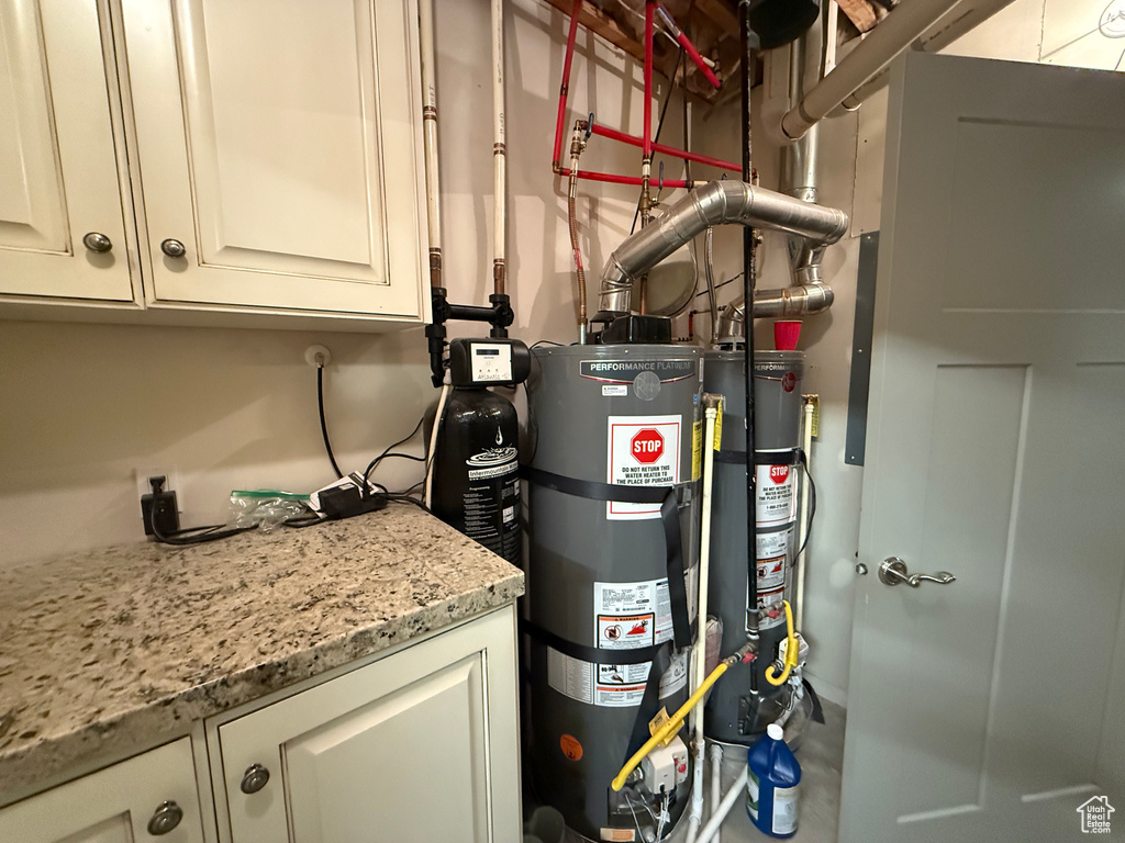 Utility room featuring secured water heater