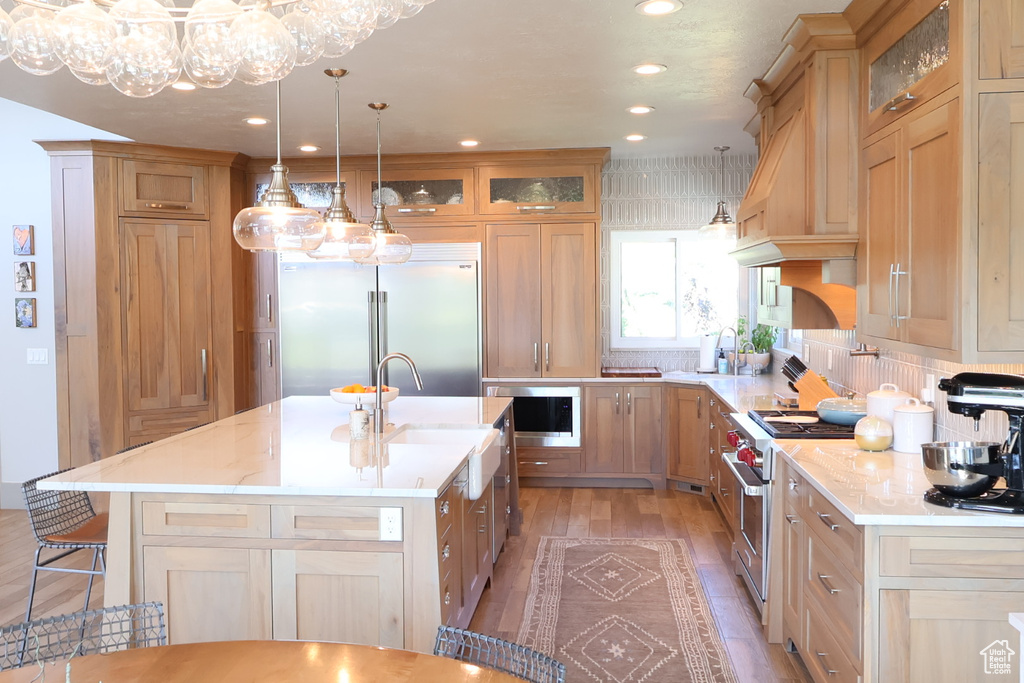 Kitchen with high quality appliances, a sink, light wood-style floors, glass insert cabinets, and recessed lighting