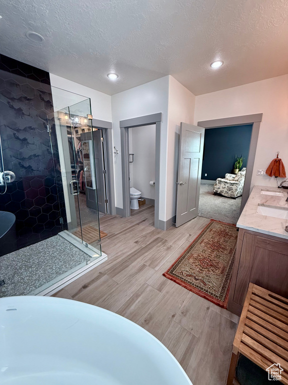 Full bathroom with wood finished floors, a textured ceiling, a shower stall, toilet, and double vanity