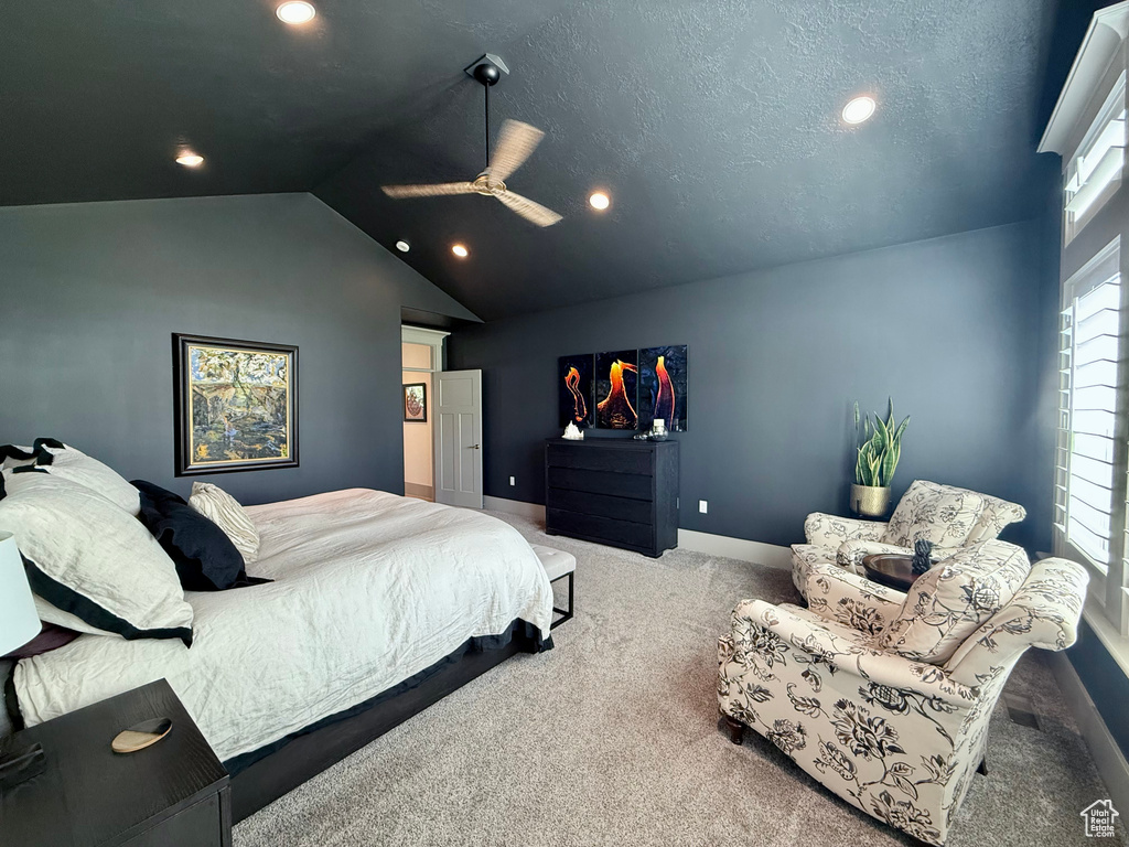 Bedroom with carpet, lofted ceiling, recessed lighting, ceiling fan, and baseboards