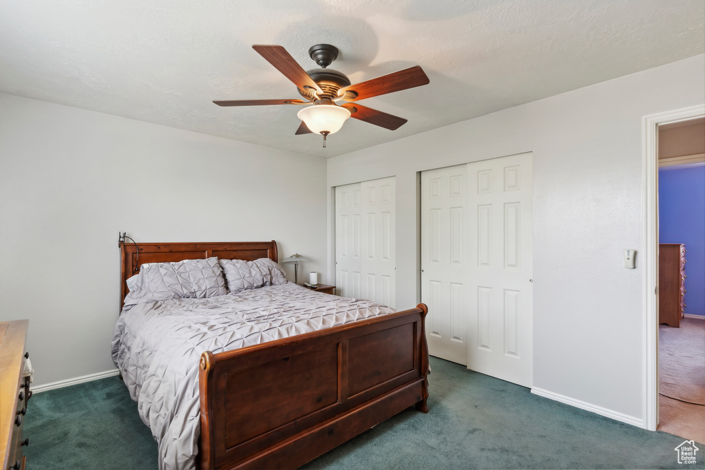 Bedroom with dark carpet, two closets, and baseboards