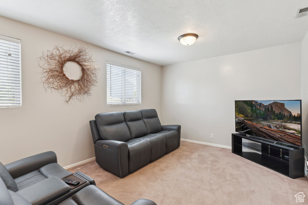 Living area featuring carpet floors and baseboards