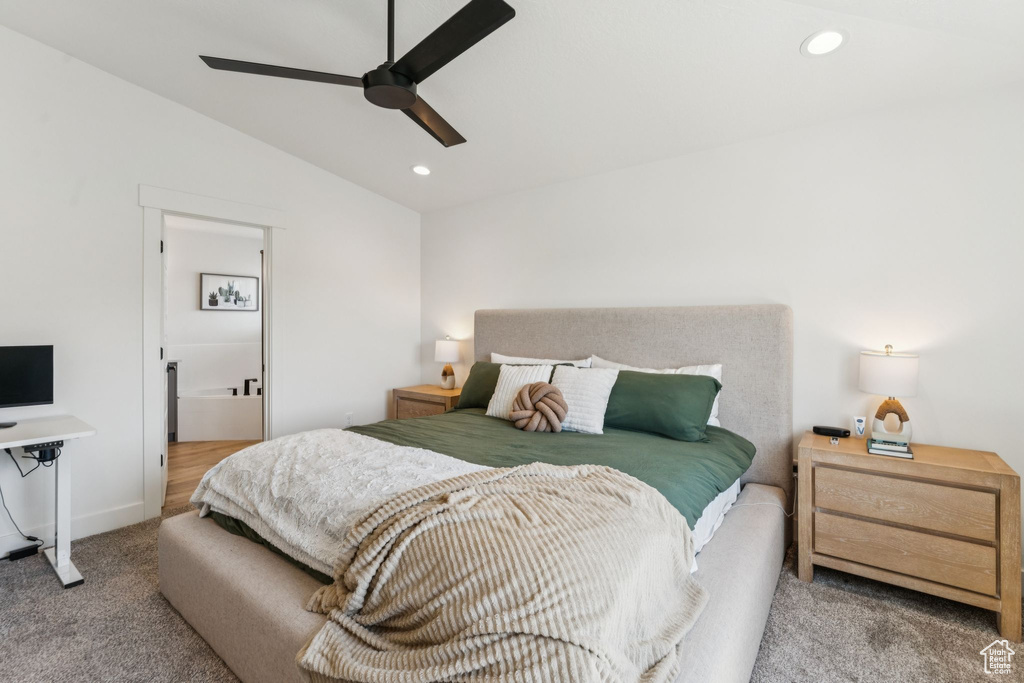 Bedroom with lofted ceiling, carpet, recessed lighting, a ceiling fan, and baseboards