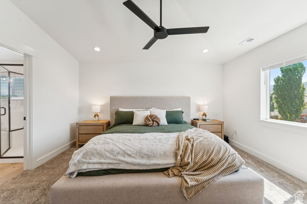 Bedroom featuring baseboards, carpet flooring, recessed lighting, and ceiling fan