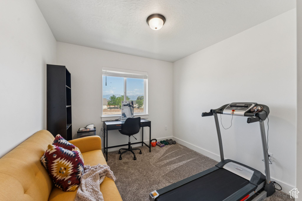 Exercise room featuring carpet and baseboards