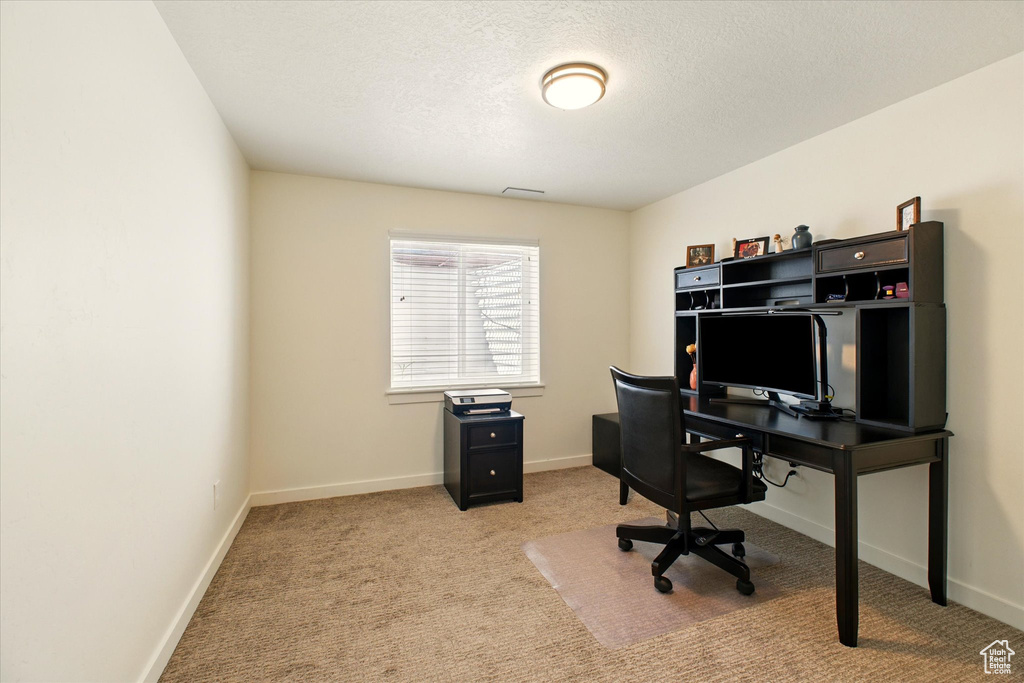 Office featuring carpet flooring, a textured ceiling, and baseboards