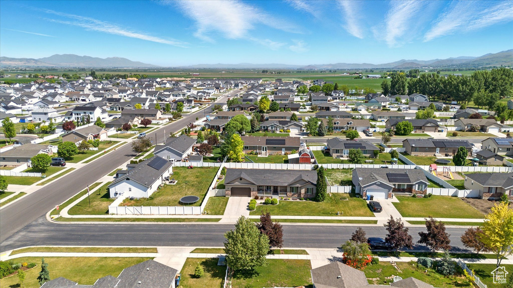 Aerial perspective of suburban area featuring mountains