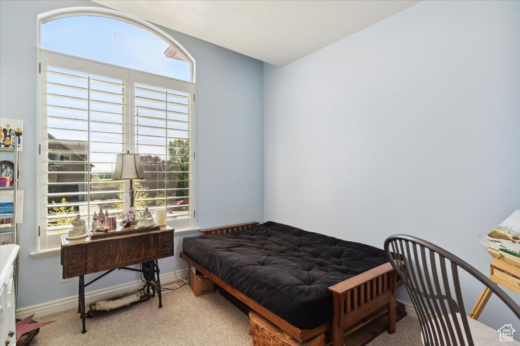 Carpeted bedroom with multiple windows and baseboards