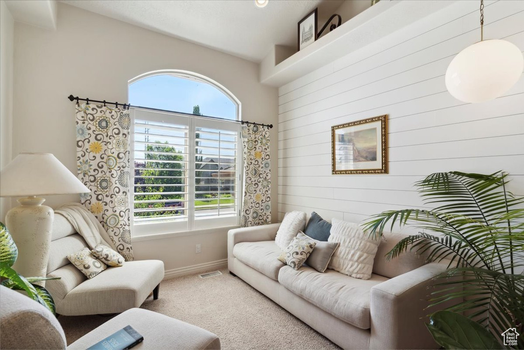 Living room with baseboards, carpet, lofted ceiling, and wood walls