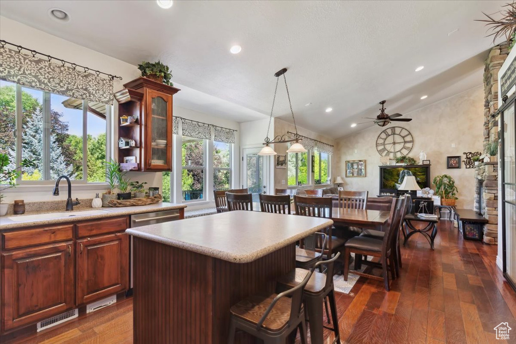 Kitchen featuring a sink, lofted ceiling, light countertops, dark wood finished floors, and glass insert cabinets